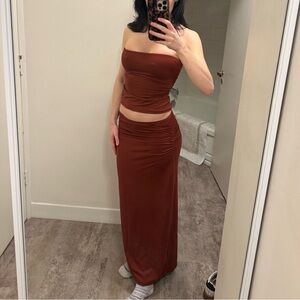 Strapless Rust Brown/ Burgundy Maxi Skirt Co Ord